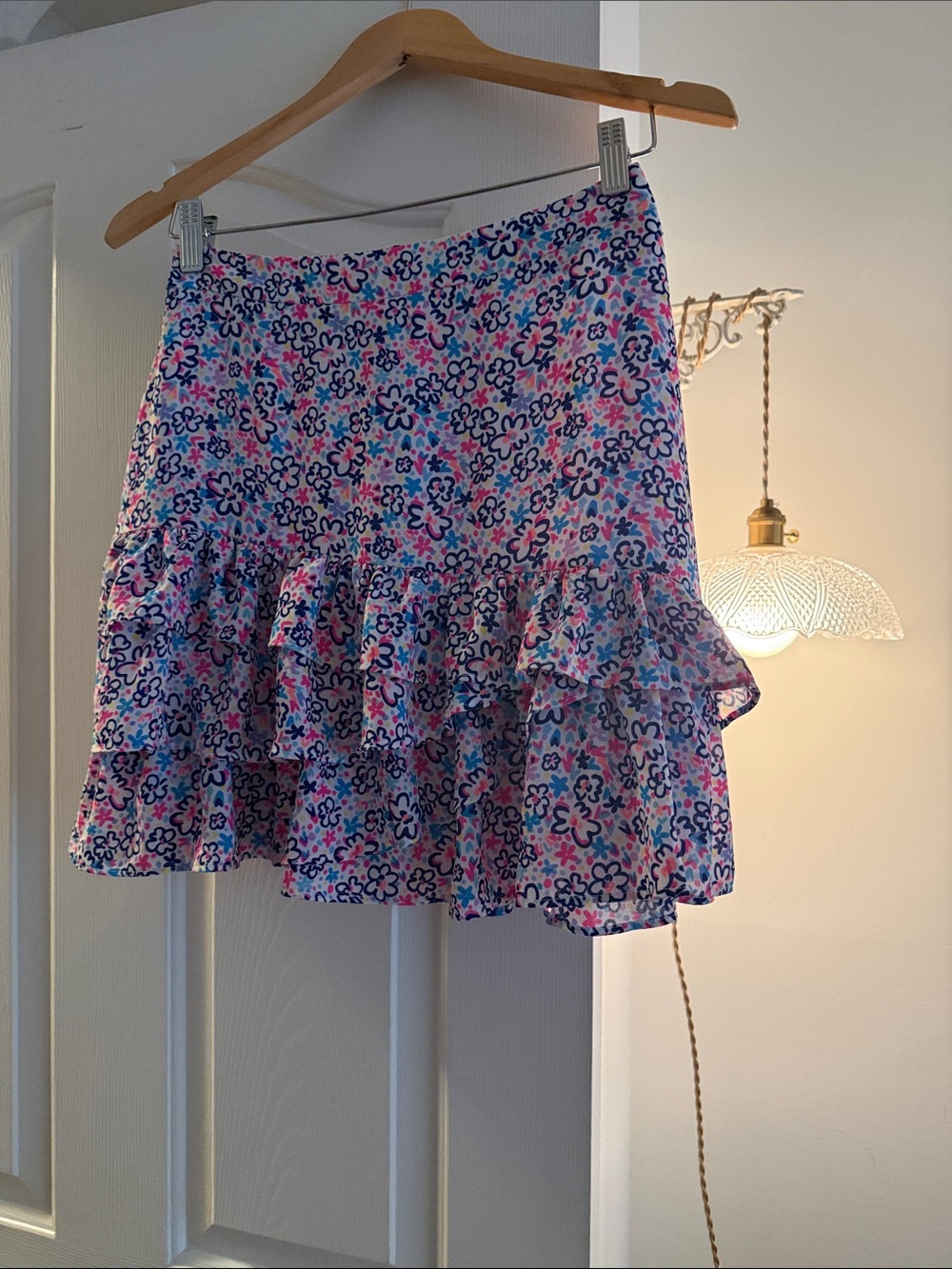 Lilly Pulitzer Blue, Pink & White Floral Ruffled Skater Skirt
